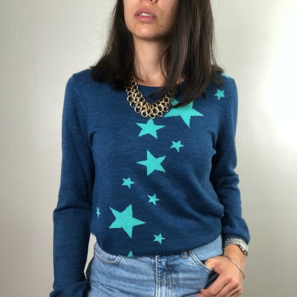 Garnet Hill Sweaters - Garnet Hill Blue Green Wool Crew Neck Star Sweater